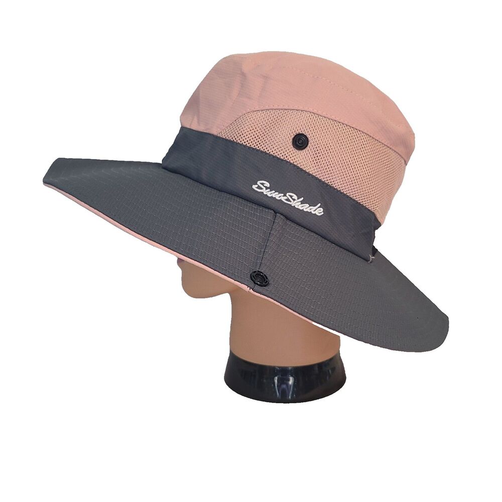 Sun Shade Pink Grey Wide Brim Safari Sun Hat Mesh Hiking Gardenng Packable Snaps